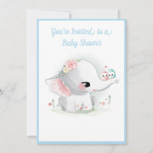 Cute Elephant Boy Blue Script Modern Baby Shower Inbjudningar