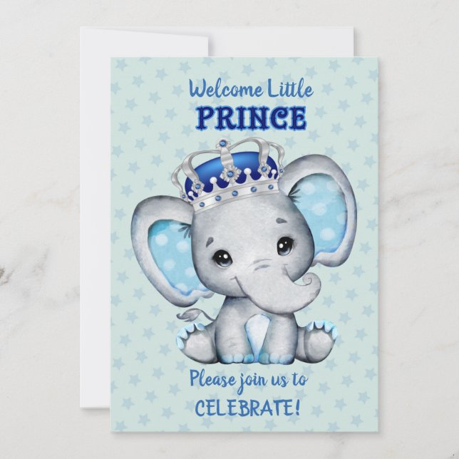 Cute Elephant Boy Prince Baby Shower-inbjudan Inbjudningar (Framsida)