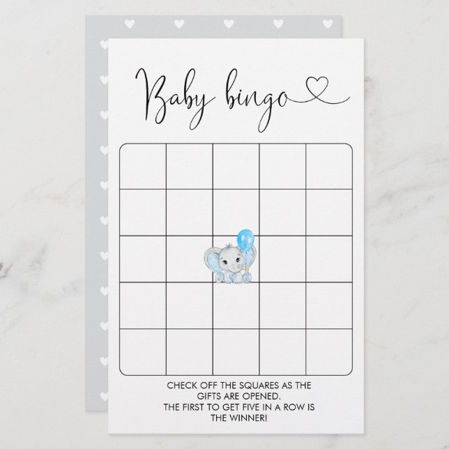 Cute Elephant Boy Shower Bingo Game (Fram/baksida)