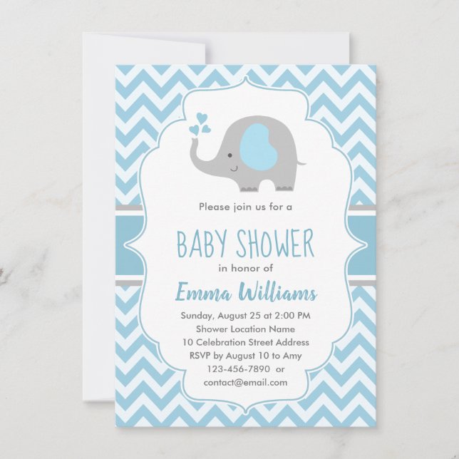 Cute Elephant Boy Shower Blue Grått Chevron Inbjudningar (Framsida)