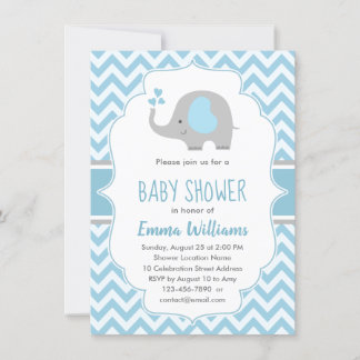 Cute Elephant Boy Shower Blue Grått Chevron Inbjudningar