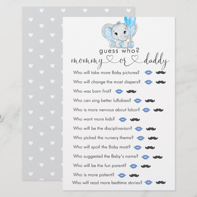 Cute Elephant Boy Shower "Gissa vem" Game (Fram/baksida)