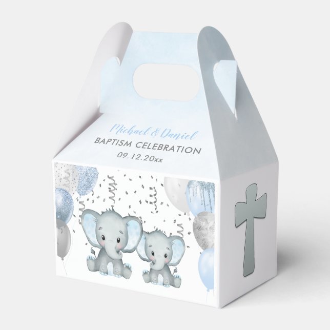 Cute Elephant Boys Balloon Baptism Favoritbox Presentaskar (Framsidan Sidan)