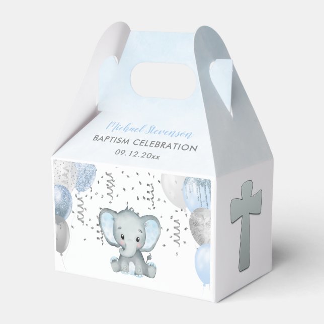 Cute Elephant Boys Balloon Baptism Favoritbox Presentaskar (Framsidan Sidan)