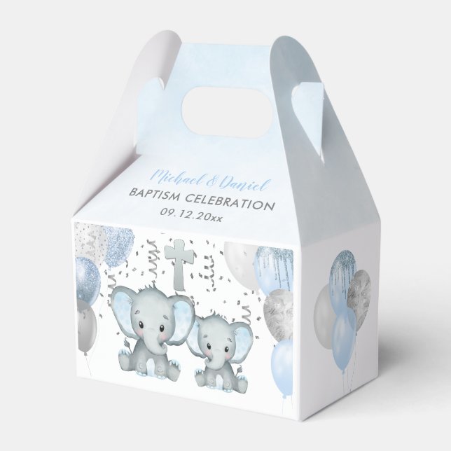 Cute Elephant Boys Balloon Baptism Presentaskar (Framsidan Sidan)