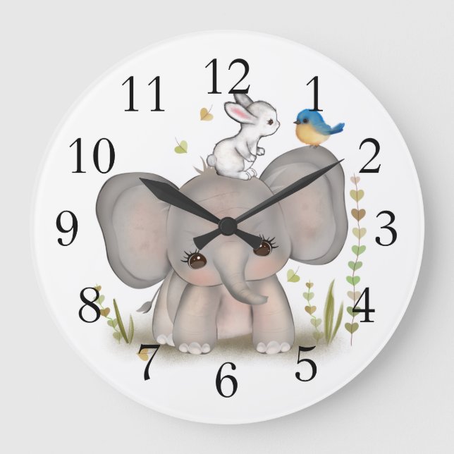 Cute Elephant Bunny Nursery Wall Clock Stor Klocka (Framsida)