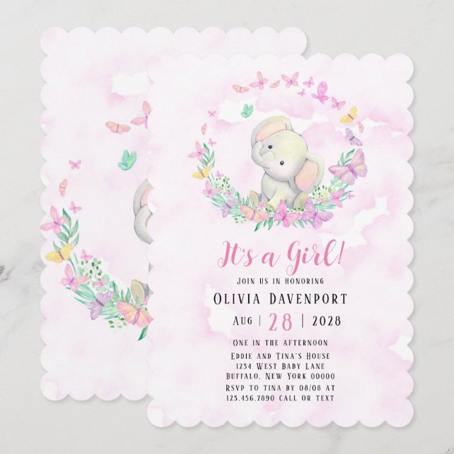 Cute Elephant & Butterflies Girl Baby Shower Inbjudningar (Fram/baksida)