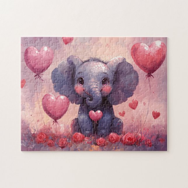 Cute Elephant Calf Heart-ballonger Pussel (Horisontell)