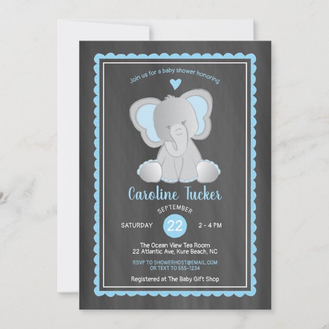 Cute Elephant Chalkboard Pojke Shower Inbjudningar (Framsida)