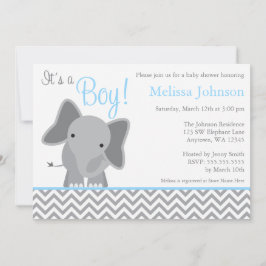 Cute Elephant Chevron Light Blue Baby Shower Inbjudningar