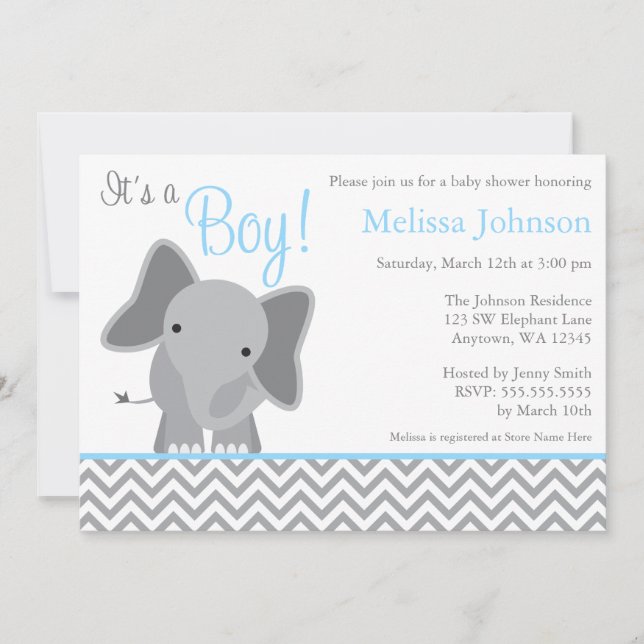 Cute Elephant Chevron Light Blue Baby Shower Inbjudningar (Framsida)