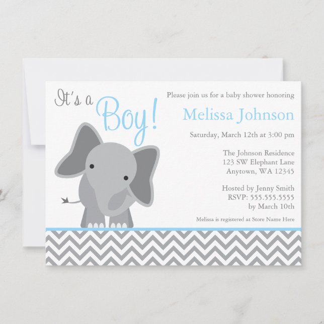 Cute Elephant Chevron Light Blue Baby Shower Inbjudningar (Framsida)