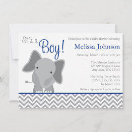 Cute Elephant Chevron Navy Blue Baby Shower Inbjudningar