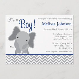 Cute Elephant Chevron Navy Blue Baby Shower Inbjudningar