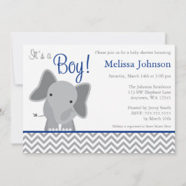 Cute Elephant Chevron Navy Blue Baby Shower Inbjudningar