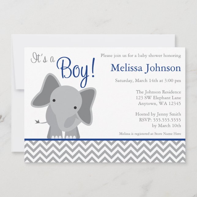 Cute Elephant Chevron Navy Blue Baby Shower Inbjudningar (Framsida)