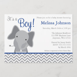 Cute Elephant Chevron Navy Blue Baby Shower Inbjudningar