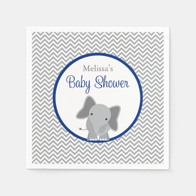 Cute Elephant Chevron Navy Blue Baby Shower Pappersservett (Framsidan)