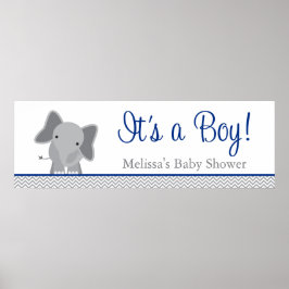 Cute Elephant Chevron Navy Blue Baby Shower Poster