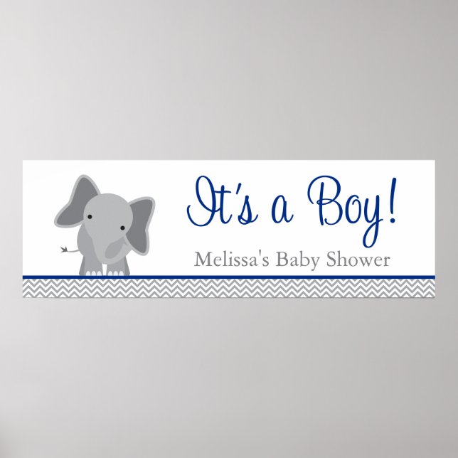 Cute Elephant Chevron Navy Blue Baby Shower Poster (Framsidan)