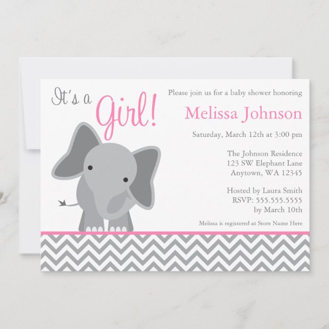 Cute Elephant Chevron Rosa Baby Shower-inbjudan Inbjudningar (Framsida)