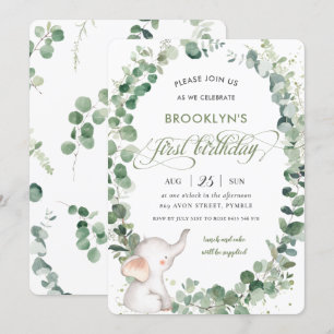 Cute Elephant Chic Greenery 1:a födelsedag Inbjudningar
