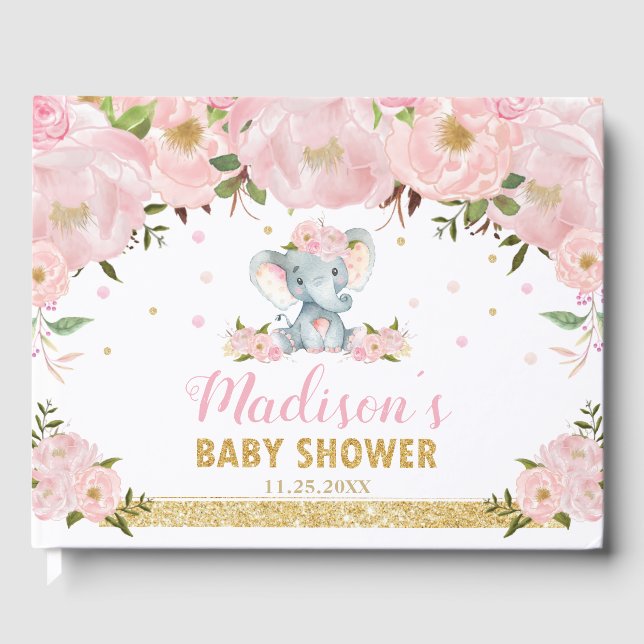 Cute Elephant Chic  Rosa Blommigt Baby Shower Gästböcker (Framsida)