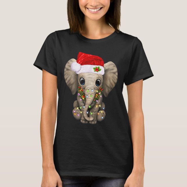 Cute Elephant Christmas Light Funny Elephant Lover T Shirt (Framsida)