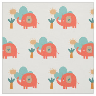 Cute Elephant Cloud Träd Sunshine Mönster Red Teal Tyg