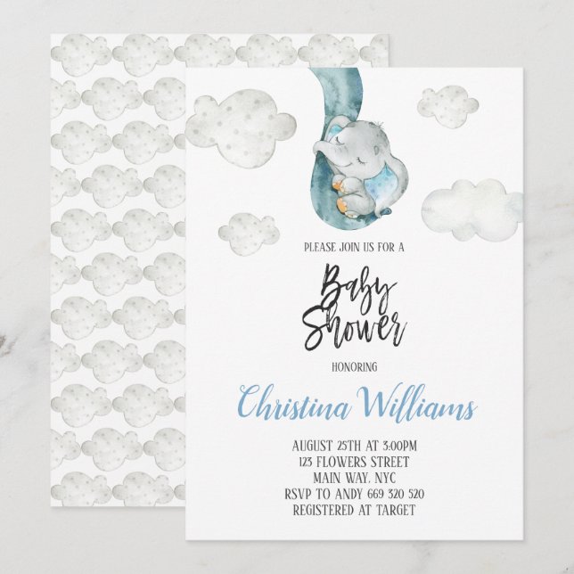 Cute Elephant Clouds Himmel Neutralt Baby Shower Inbjudningar (Fram/baksida)