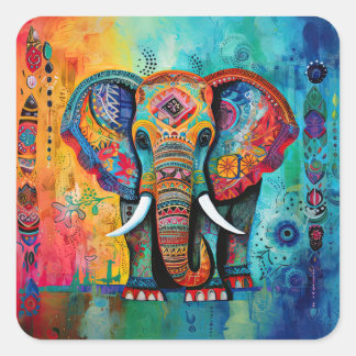Cute Elephant Colorful Funky Mixed Media Animal Fyrkantigt Klistermärke