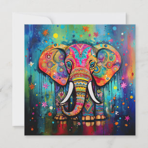 Cute Elephant Colorful Funky Mixed Media Animal Inbjudningar