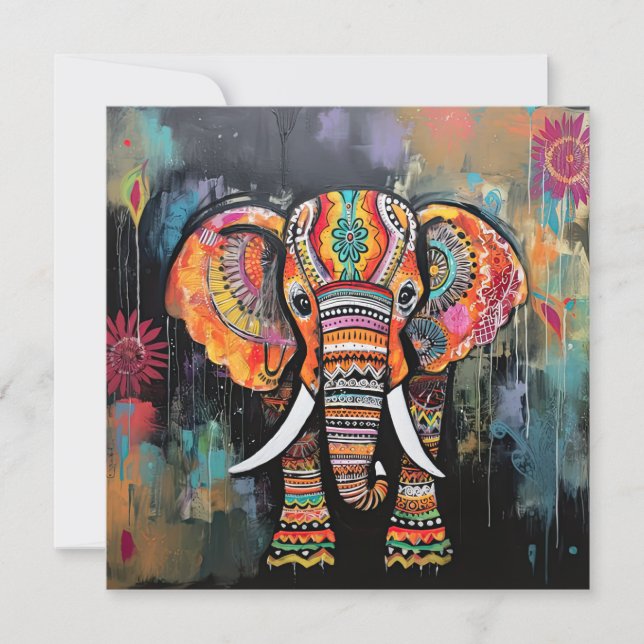 Cute Elephant Colorful Funky Mixed Media Animal Inbjudningar (Framsida)