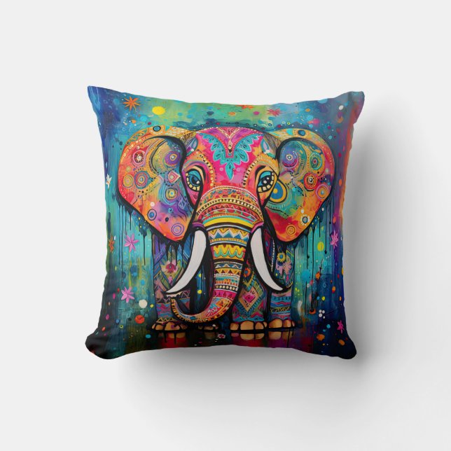 Cute Elephant Colorful Funky Mixed Media Animal Th Kudde (Framsida)