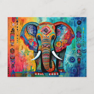 Cute Elephant Colorful Funky Mixed Media Animal Vykort