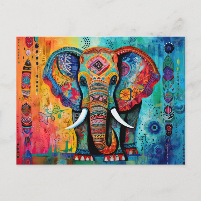 Cute Elephant Colorful Funky Mixed Media Animal Vykort (Framsida)