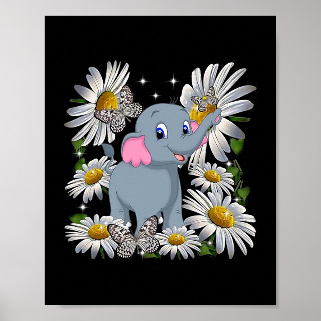 Cute Elephant Daisy Flower Butterfly Poster (Framsidan)