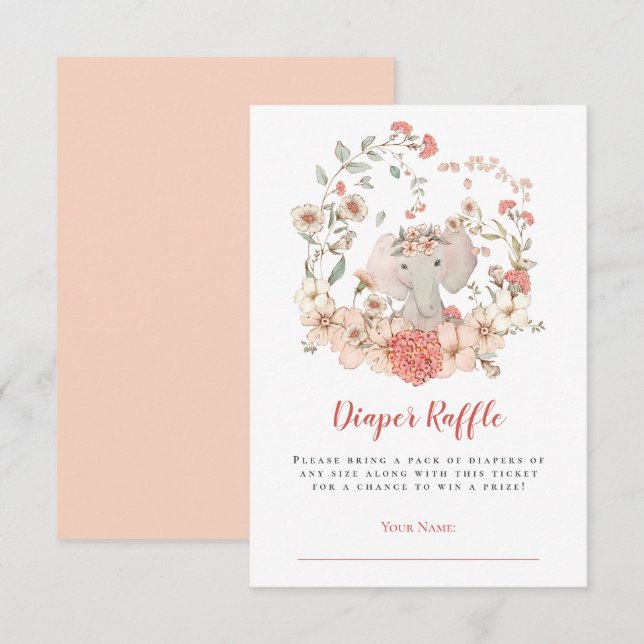 Cute Elephant Diaper Raffle Peach Baby Shower Tilläggskort (Fram/baksida)