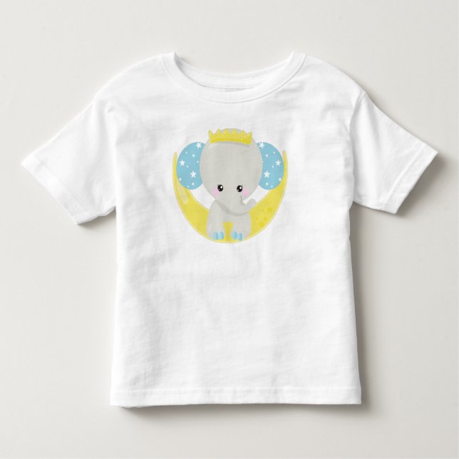 Cute Elephant, elefant på Måne, Krona, stjärnor T Shirt (Framsida)