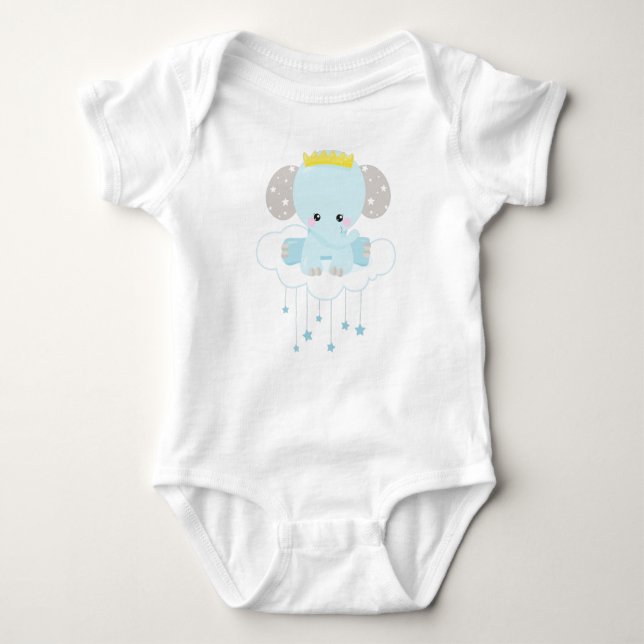 Cute Elephant, Elephant on a Cloud, Krona, Stars T Shirt (Framsida)