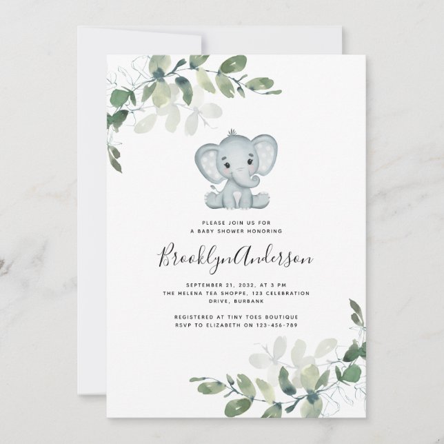 Cute Elephant Eucalyptus Baby Shower Inbjudningar (Framsida)