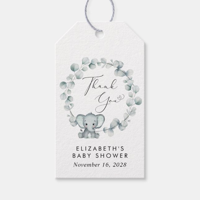 Cute Elephant Eucalyptus Baby Shower Tack Presentetikett (Framsidan)