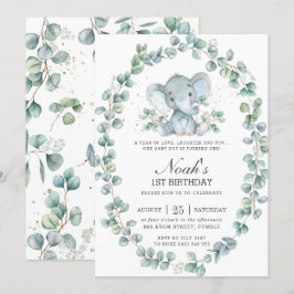 Cute Elephant Eucalyptus Greenery Birthday Boy Inbjudningar