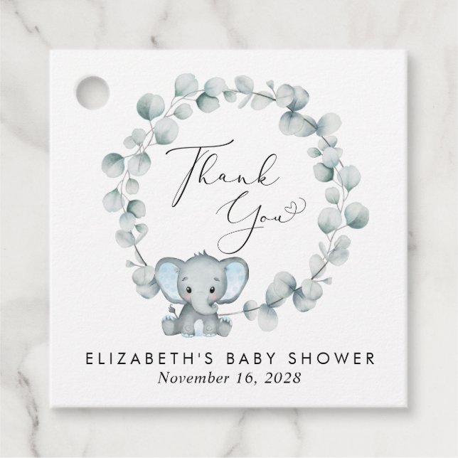 Cute Elephant Eucalyptus Pojke Shower Tack Gåvor Etiketter (Framsida)
