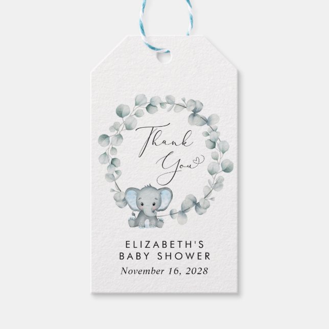 Cute Elephant Eucalyptus Pojke Shower Tack Presentetikett (Framsidan)