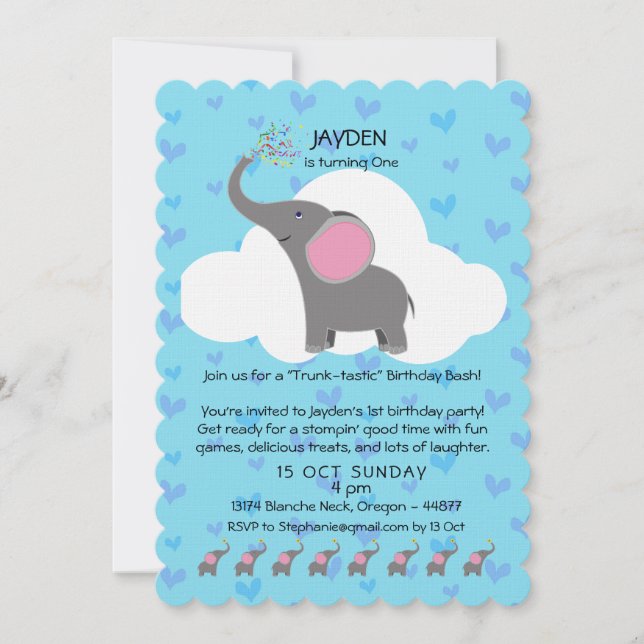 Cute Elephant First Birthday-inbjudan Inbjudningar (Framsida)
