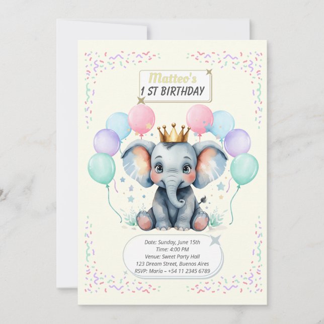 "Cute Elephant First Birthday pastel designs" Inbjudningar (Framsida)