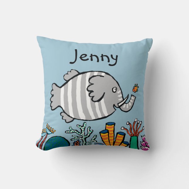 Cute Elephant Fish Scene med koral Kudde (Framsida)