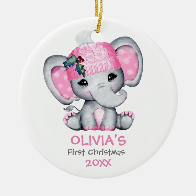Cute Elephant Flicka Baby Första jul Julgransprydnad Keramik (Framsidan)