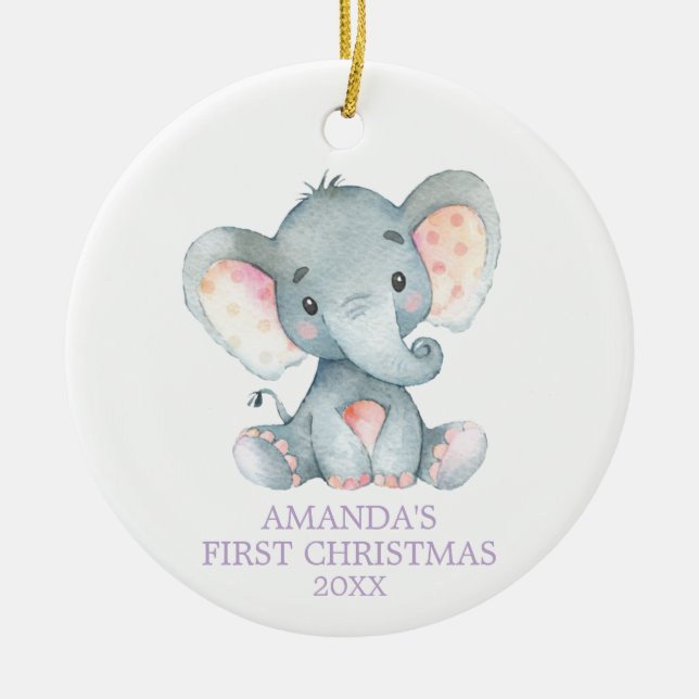 Cute Elephant Flicka Första julhelgen Lila Julgransprydnad Keramik (Framsidan)